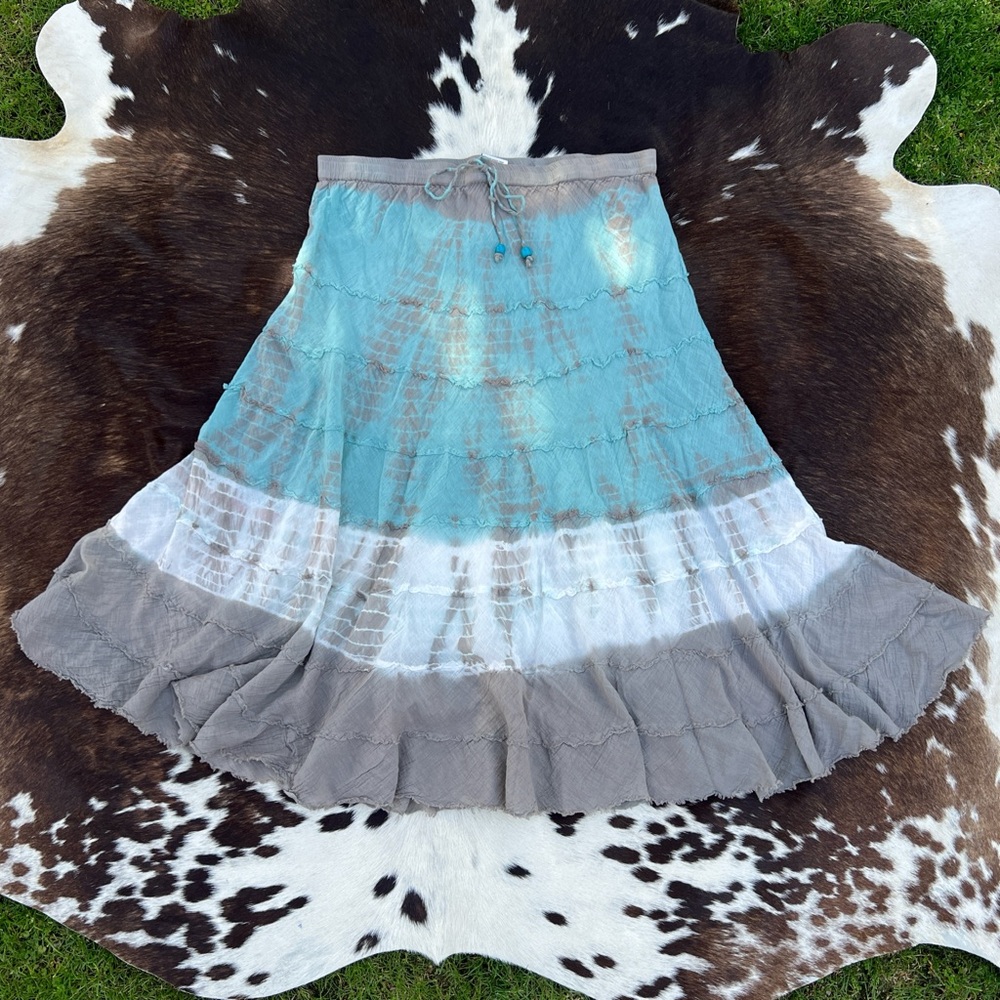 Andi + James boho turquoise and grey tie-dye tiered beaded drawstring maxi skirt